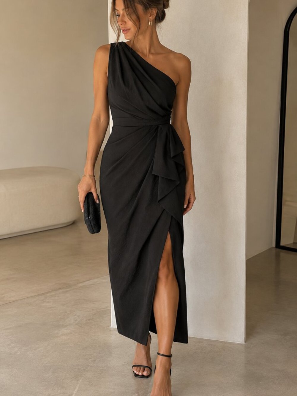 NWT Showpo Nemari Black One Shoulder Faux Wrap Midi Dress US 8